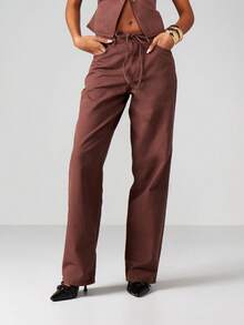 MISSGUIDED Hoher Bund, weite Beine, Hose mit Kordelzug-Taille und Gürteldetail für Frauen, Lässig Hose für Herbst und Winter - Braun - Übersicht 1