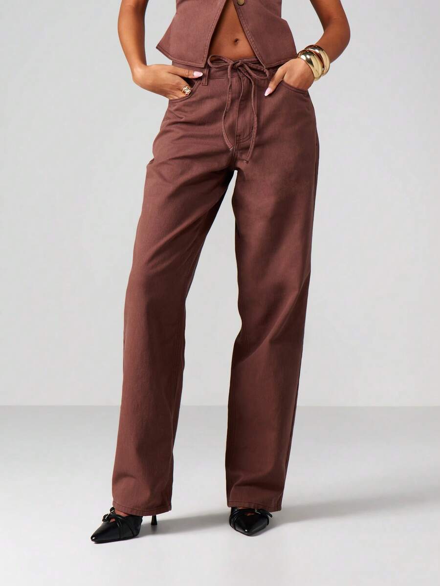 MISSGUIDED Hoher Bund, weite Beine, Hose mit Kordelzug-Taille und Gürteldetail für Frauen, Lässig Hose für Herbst und Winter - Braun - Übersicht 1