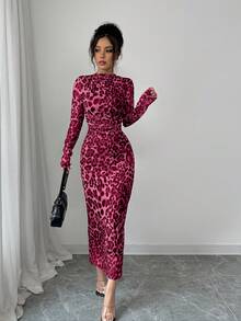 Elenzga Váy ôm body lưới co giãn họa tiết da báo thanh lịch dành cho nữ - Màu đỏ tím - Xem 5