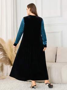 Lacomfia 复古蓝色提花撞色连衣裙，女士长袖V领宽松显瘦大码优雅长裙 - 藍色 - 查看 2