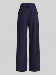 Franclia Set de 2 piezas: Camisa que afina la cintura y pantalones de pierna ancha, diseño estilizante, cuello de solapa - Azul Marino - Ver 3