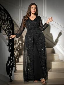 Gownix Curvy Plus-Size Women's Romantic And Elegant Party Jumpsuit, Black V-Neck With Sheer, Shimmering Silver-Stamped Mesh, Lantern Sleeves, Fitted Waist, Cape Style, Long Length, Made Of High-Quality, High-Elasticity Knit Fabric,Formal Jumpsuits For Women, New Year Women's Clothes , New Year Look , Elegant Dresses For Party , Curvy Party Dresses,Going Out ,Graduation Dress For Women ,Long Graduation Dress , Elegant Long Ball Gown , Prom Dresses For Women , Formal Ball Gowns For Women , Prom Dress Plus Size,Sparkly Dress ,Sequin Dress,Night Out,Date Night Outfits Women,Mother Of The Bride Dresses For Wedding,Formal Dresses For Women ,Luxury Dress,Chic Evening Dress ,Black Formal Dress For Women/Winter,Christmas And New Year,Party,2025 New,Elegant Party Dress,Women's Formal Wear ,Christmas,New Year,Hanksgiving Outfit For Women,Elegant Dresses For Women, Stylish Clothing Collection - Black - View 8