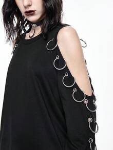 ROMWE Goth 哥特式镂空肩部金属孔眼装饰女式卫衣 - 黑色 - 查看 2