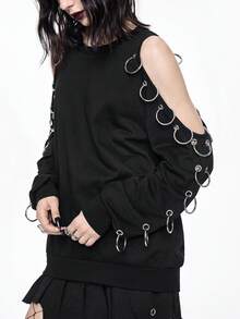 ROMWE Goth 哥特式镂空肩部金属孔眼装饰女式卫衣 - 黑色 - 查看 4