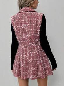 Elyressa 女士秋季通勤休闲翻领双排扣马甲半裙套装 - 粉色 - 查看 2