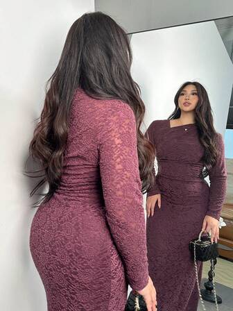 Firerie Plus Size Elegant Minimalist Chic Fashion Basic Ins Style Dress, Suitable For Office, Commute, Music Festival, Beach Travel, Textured Fabric, Irregular Neck, Ruched, Bodycon, Slimming, Long Sleeve, Maxi Length, For Women Burgundy/Winter