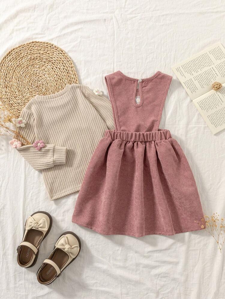 SHEIN Vintaside Kids 2pcs/Set Young Girl Casual Floral Decor Top And Dress Set, Autumn - Pink - View 2