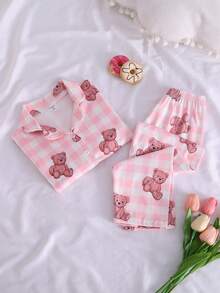 Genkimix Kids 2件套年轻女孩休闲可爱熊印花长袖开衫和裤子家居服套装