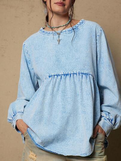 Freevana 大码纯色简约休闲圆领长袖衬衫