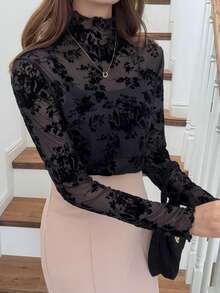 FRIFUL 女士时尚性感透视修身高领长袖上衣 - 黑色 - 查看 2