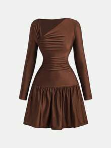 Girlism 少女棕色褶皱肩部长袖A字连衣裙，领口蝴蝶结腰带，时尚日常连衣裙，适合秋冬季穿着 - 棕色 - 查看 6