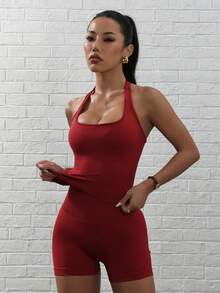 Dewbera 女士露背吊带短款上衣和短裤瑜伽运动服套装红色套装女士健身套装