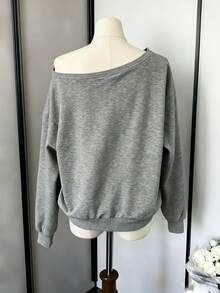 Franclia Women's Off-Shoulder Sweatshirt Rhinestone Embellishment Gray,Autumn,Casual,Occasion,Back-To-School Long-Sleeved Pullover Thanksgiving New Year's Top - Grey - View 2