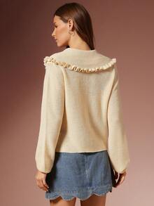 WESTFADE Bow Tie Neck Ruffle Collar Button Front Relaxed Fit Long Sleeve Cardigan Sweater Cute Knit Top, Fall, Autumn, Winter, Holiday, Country, Cowgirl Christmas, NYE, New Years Eve, Boho, Casual - Apricot - View 2