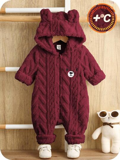 SHEIN 卡通小熊刺绣耳朵连帽毛绒加厚连体衣，室内外皆宜，适合秋冬季穿着