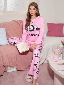 SweetSlumber Cute Panda Print Women's Pajama Set,Pink Comfortable Loungewear Sleeping Set For Fall & Winter Clothes - Multicolor - View 5