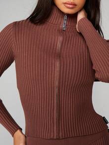 Missguided x Playboy Ribbed Knit Zip Up Cardigan With Logo Print Fall Winter Lightweight Jacket - Coffee Brown - View 4
