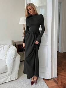 Elenzga Đầm suông trễ vai cổ cao tay dài dáng chữ A thanh lịch, lãng mạn, ôm sát eo dành cho nữ - màu đen - Xem 4