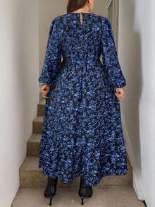 SHEIN LUNE Đầm thường ngày cổ tròn tay đèn lồng in họa tiết hoa toàn thân cho nữ cỡ lớn - màu đen - Xem 2