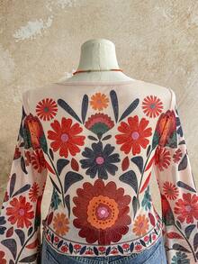 Soleia 大码女式休闲度假、毕业典礼、婚礼、复活节派对午餐上衣 - 宽松领口、胸前系带、喇叭袖修身衬衫 - 彩色 - 查看 4