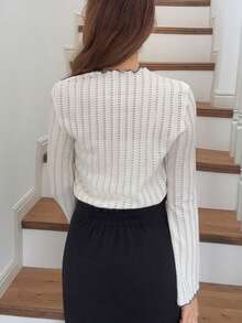 FRIFUL 女士镂空纹理喇叭袖撞色滚边长袖T恤 - 白色 - 查看 6