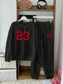 Slaydiva 2 件套女士超大圆领运动衫和抽绳腰休闲运动裤，秋冬 - 黑色 - 查看 3