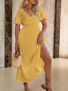 Roveilla 大码女装夏季度假风碎花重叠V领荷叶边短袖连衣裙黄色长裙黄色长裙女装黄色度假连衣裙 - 黃色 - 查看 3