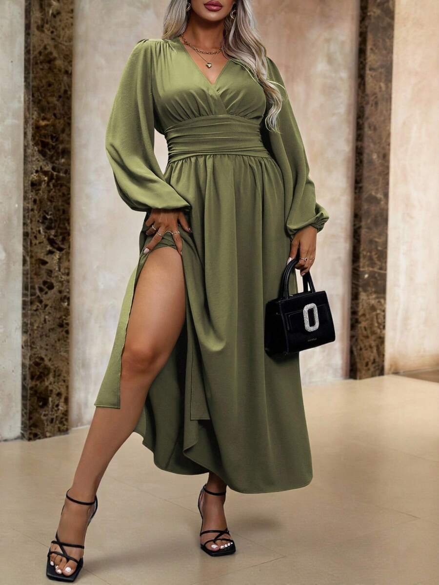 Roveilla 大码女式纯色简约日常百褶连衣裙长款女装 - 軍綠色 - 查看 1