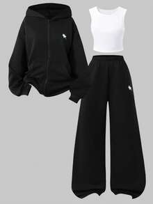 Sparklyn 3 件套青少年女孩休闲装，包括带马图案的连帽拉链运动衫、白色背心和松紧腰直筒裤，秋季 - 黑色 - 查看 3