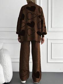 EURMUSE Women's Autumn/Winter Heart Pattern Drop Shoulder Long Sleeve Sweater And Loose Knitted Pants 2-Piece Set - Brown - View 2