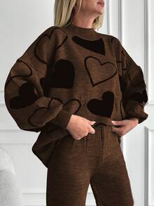 EURMUSE Women's Autumn/Winter Heart Pattern Drop Shoulder Long Sleeve Sweater And Loose Knitted Pants 2-Piece Set - Brown - View 6