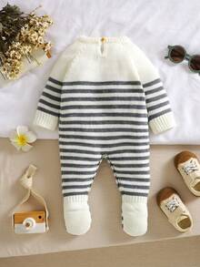 SHEIN 1pc Newborn Striped Crew Neck Long Sleeve Romper, Casual & Minimalist Design - Grey - View 3