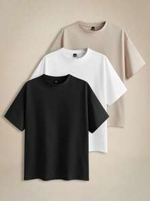 EASEVO 3 Peças/Conjunto Camisetas de Gola Careca de Manga Curta Casuais em Cores Sólidas, Plus Size, Adequadas para Uso Diário no Verão - Preto - Visão 11