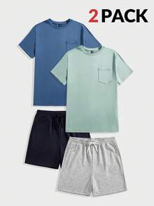 EASEVO Plus Size Men 2-Piece Set: Multi-Color Knit T-Shirt And Shorts Summer Outfit - White - View 1