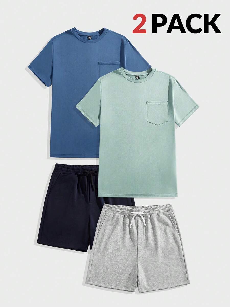 EASEVO Plus Size Men 2-Piece Set: Multi-Color Knit T-Shirt And Shorts Summer Outfit - White - View 1