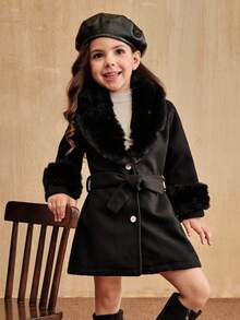 SHEIN 女童仿毛皮领大衣，优雅可爱，厚实保暖，适合小女孩冬季穿着。款式包括：女童冬季外套、黑色女童外套、仿毛皮女童外套、系带女童外套、连衣裙外套、幼儿女童秋季冬季外套。 - 黑色 - 查看 4