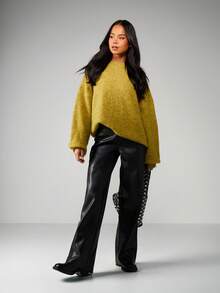 MISSGUIDED 宽松芥末黄针织毛衣，圆领长袖，适合秋冬休闲穿着 - 芥末黃 - 查看 3