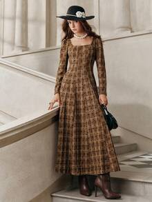 Anewsta Savoree Vestido elegante y vintage con mangas abullonadas a lunares y cuadros, adecuado para otoño, invierno, Año Nuevo, fiestas, bodas - Marrón - Ver 6