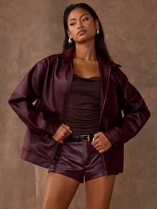 SHEIN BAE Women's Solid Color Casual Jacket For Commuting, Autumn,Cozy Fall And Winter Clothes For Women - Burgundy - View 4