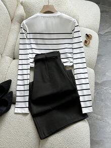 GlowEve 2 pièces Ensemble élégant de chemise à manches longues rayée et pantalon avec poches et ceinture pour femmes, idéal pour le trajet domicile-travail - Noir - Voir 2