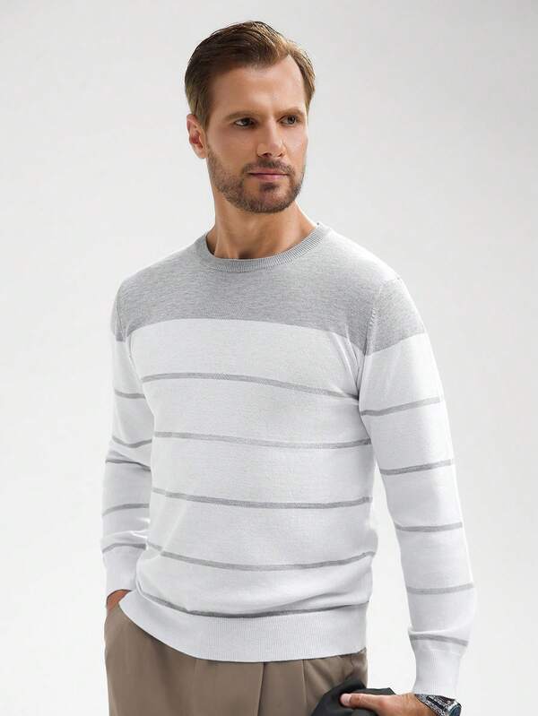 Manfinity Mode Men Striped Pattern Sweater Round Neck Long Sleeve Pullover Color Block White Business Casual Sweater For Husband, For Fall Winter