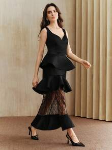 Anewsta 时尚无袖心形领口荷叶边蕾丝拼接优雅连衣裙 - 黑色 - 查看 4