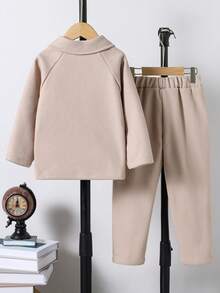 SHEIN 2pcs Young BoyCasual Suit Set - Collared Jacket And Pants - Mocha Brown - View 2