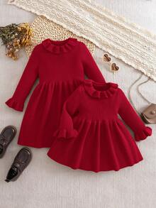 SHEIN Babygirl Cute Solid Color Knitted Long Sleeve Dress, Autumn/Winter - Red - View 10