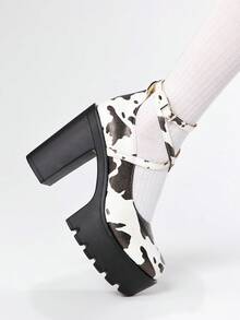 ROMWE Goth 女士闭趾交叉绑带玛丽珍鞋，朋克哥特厚底厚跟绑带搭扣JK制服鞋，防水正式工作高跟鞋 - 彩色 - 查看 3