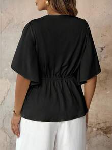 Roveilla Blouse élégante de style français pour femmes grandes tailles, de couleur crème jaune, avec col volant, taille cintrée, ourlet évasé, décoration de boutons, manches évasées. Convient pour la plage, le bureau, les festivals de musique, le thé de l'après-midi - Noir - Voir 2