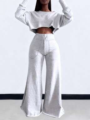 INAWLY 2pcs Women's Solid Color Round Neck Cropped Hoodie And Loose Drawstring Waist Straight Leg Sweatpants Set Fall Cloth For Women