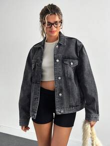 EURMUSE Áo khoác denim vai trễ màu xám giản dị - Xám - Xem 5