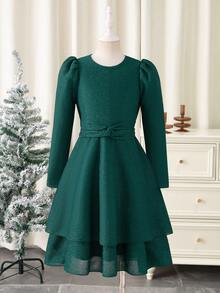女童优雅针织金属丝圆领泡泡袖连衣裙，奢华百搭，适合日常穿着、派对、宴会等场合。 - 墨綠色 - 查看 3