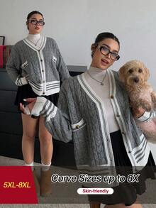 SHEIN CURVE+ Áo len cardigan cỡ lớn cho nữ, phong cách đại học mới cho mùa thu/đông - Xám - Xem 1